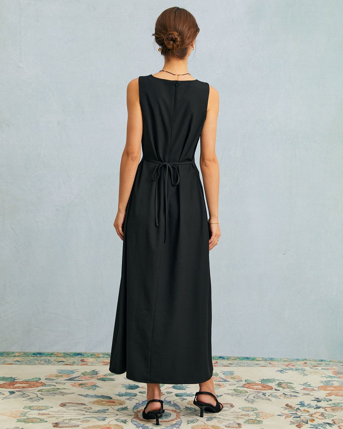 The Black U Neck Tie Back Sleeveless Maxi Dress - Threadford