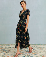 The Black V Neck Floral Short Sleeve Maxi Dress - Threadford