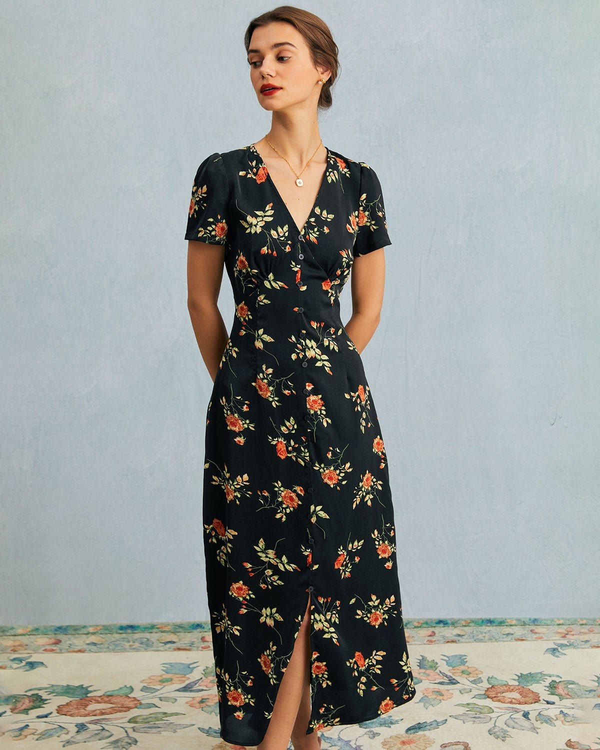 The Black V Neck Floral Short Sleeve Maxi Dress - Threadford