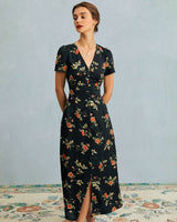 The Black V Neck Floral Short Sleeve Maxi Dress - Threadford