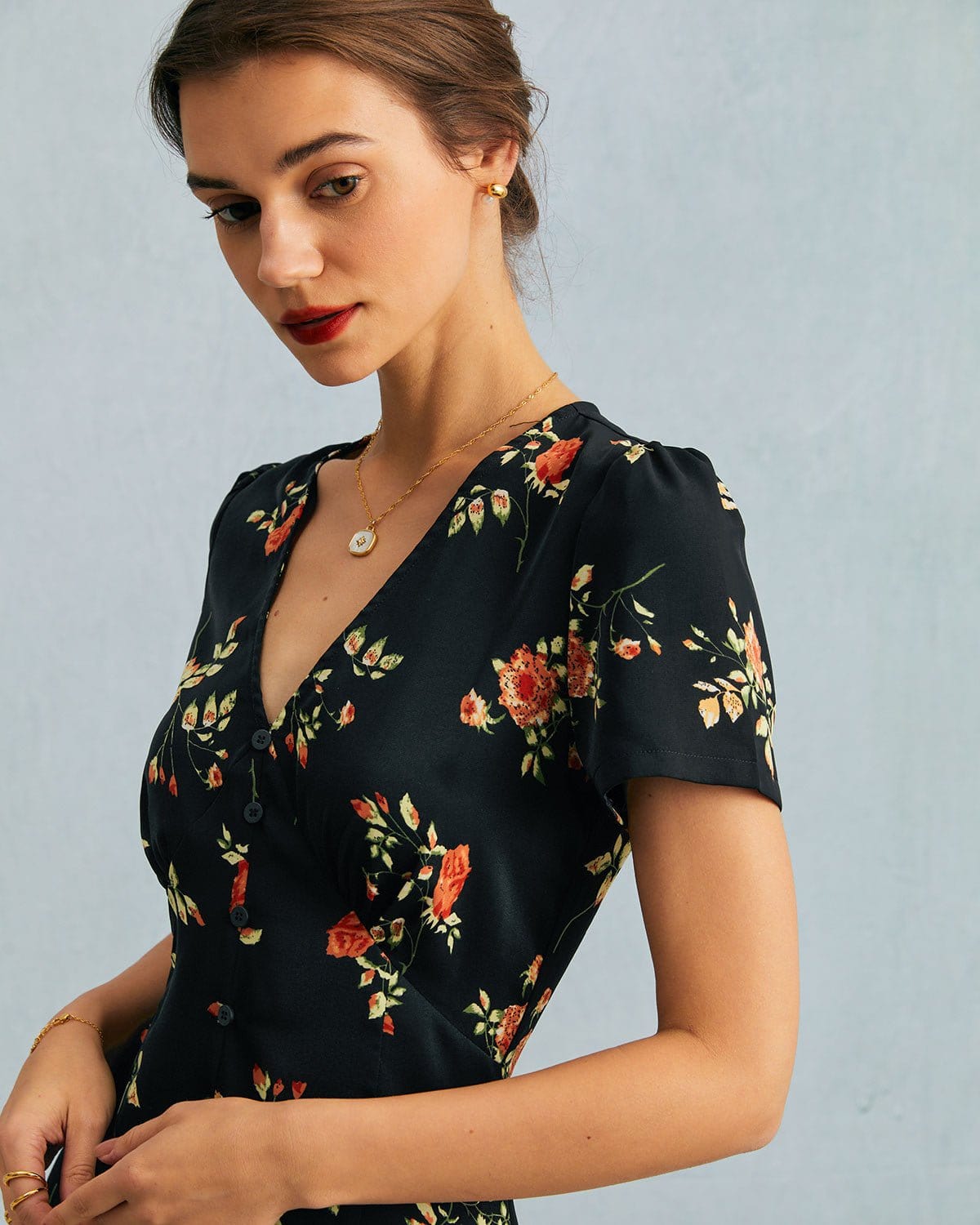 The Black V Neck Floral Short Sleeve Maxi Dress - Threadford