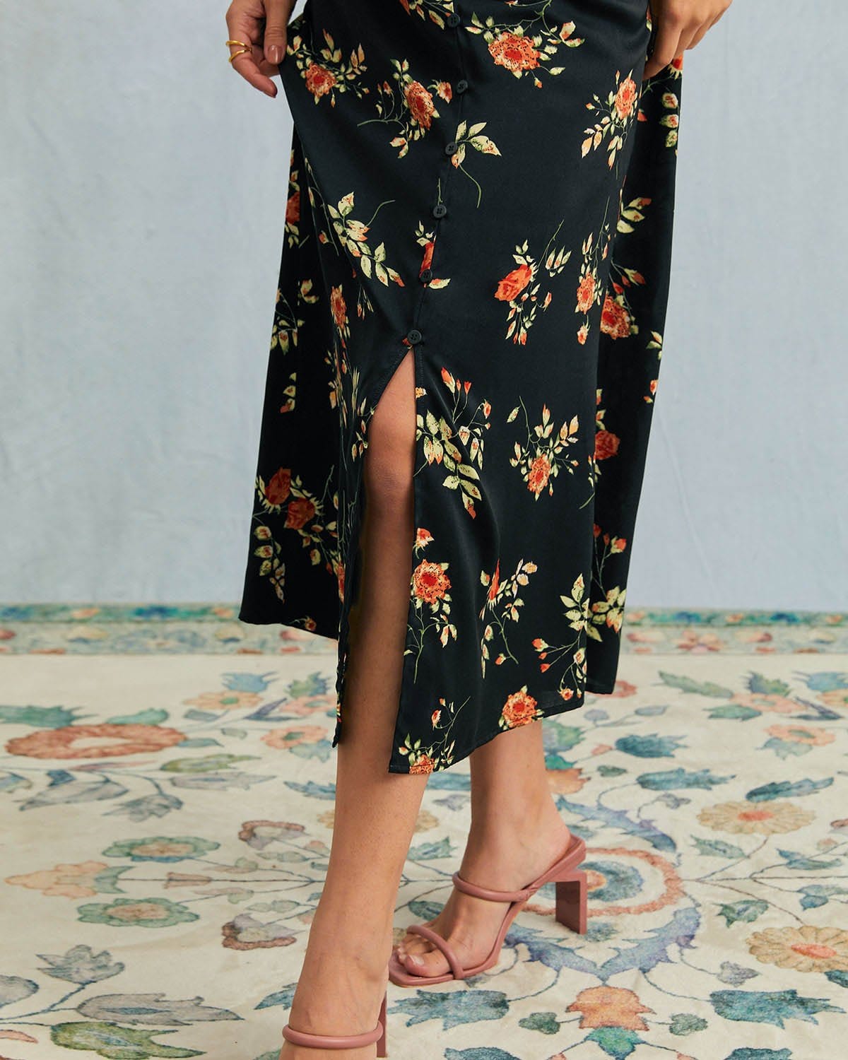 The Black V Neck Floral Short Sleeve Maxi Dress - Threadford