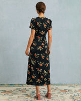 The Black V Neck Floral Short Sleeve Maxi Dress - Threadford