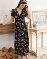 The Black V Neck Floral Short Sleeve Maxi Dress - Threadford