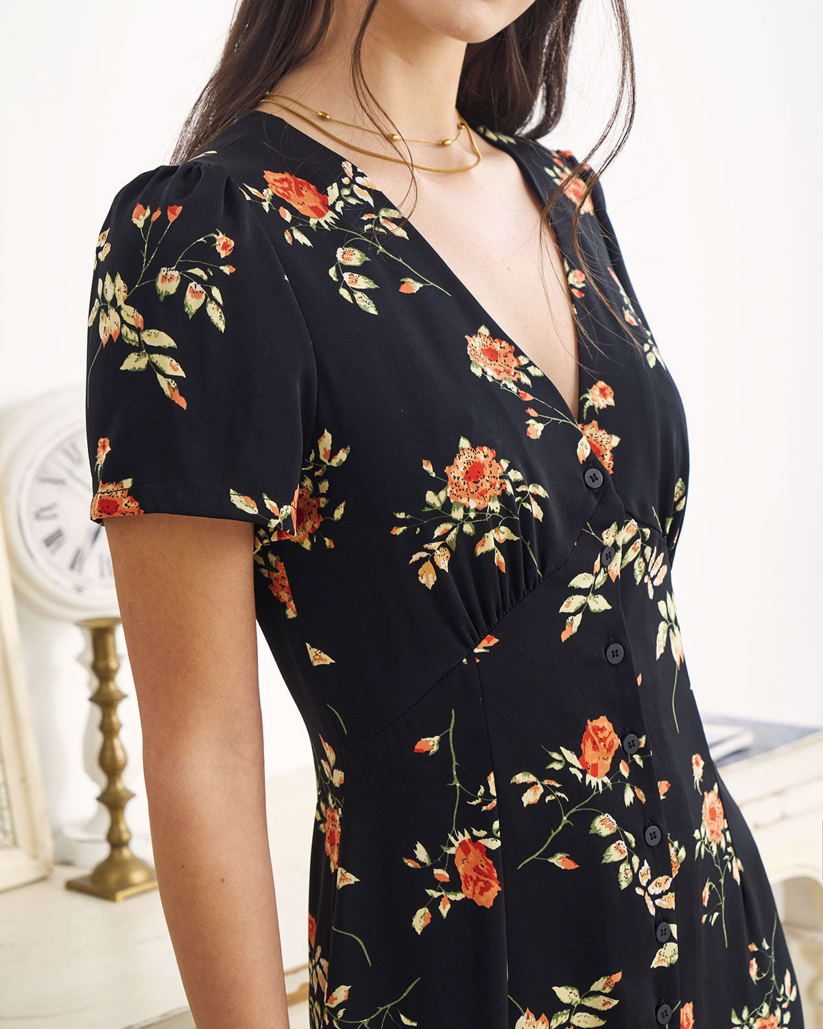 The Black V Neck Floral Short Sleeve Maxi Dress - Threadford
