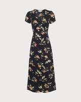 The Black V Neck Floral Short Sleeve Maxi Dress - Threadford