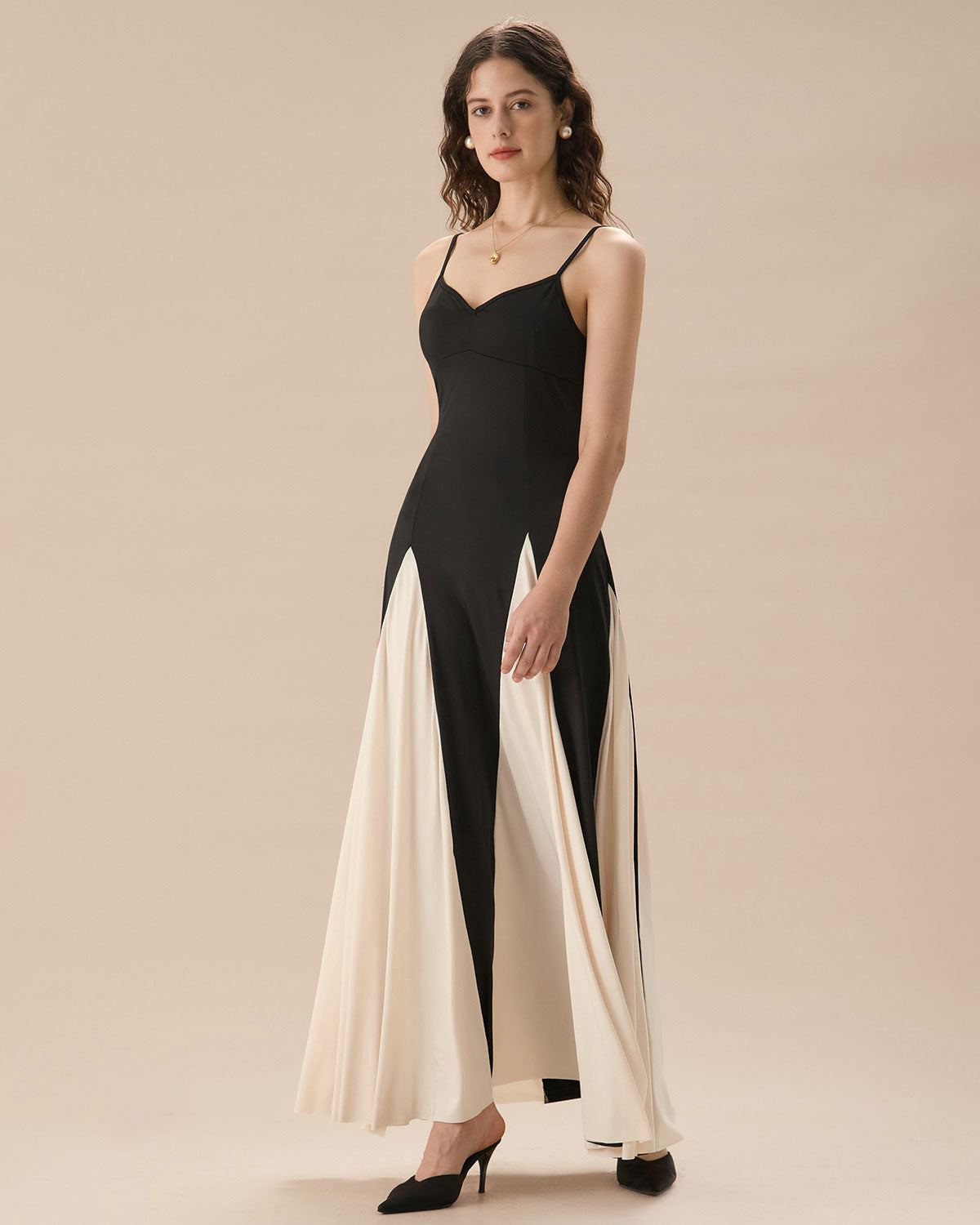 Women's Black Contrasting Pleated Slip Maxi Dress - Threadford