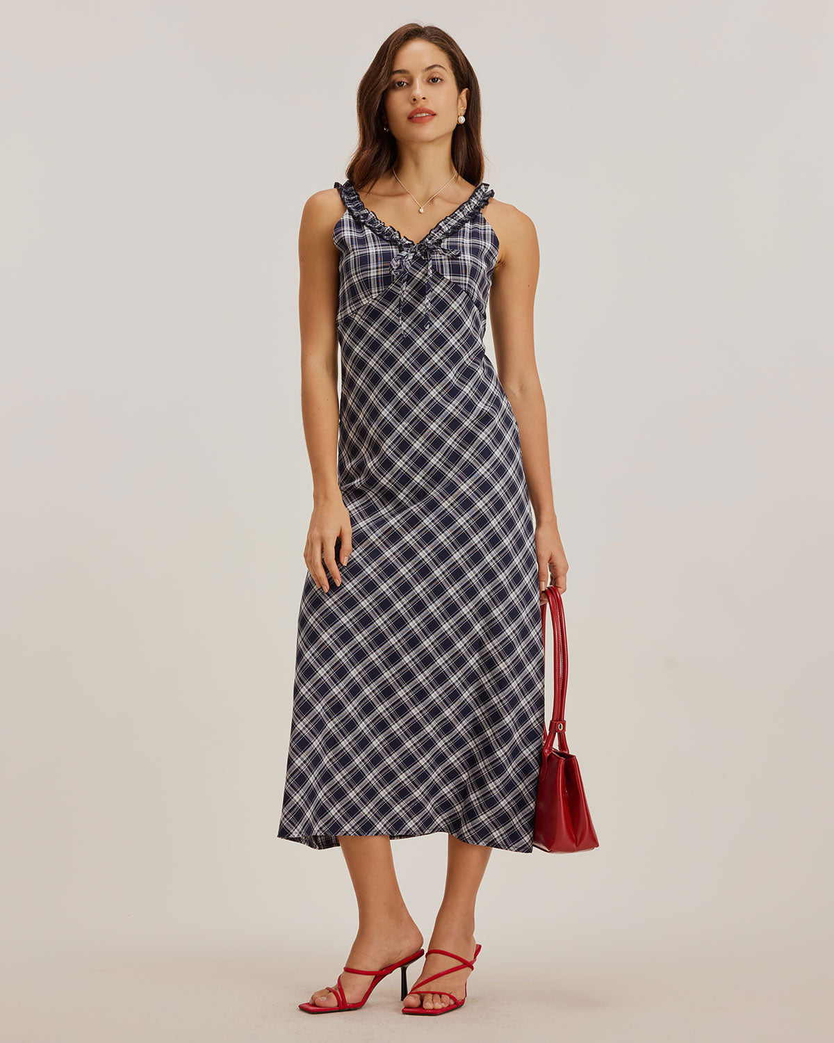 Blue Plaid V Neck Slip Maxi Dress - Threadford