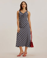 Blue Plaid V Neck Slip Maxi Dress - Threadford