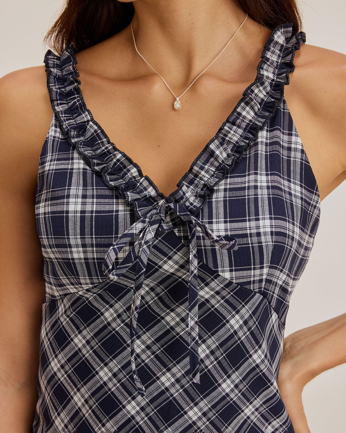 Blue Plaid V Neck Slip Maxi Dress - Threadford