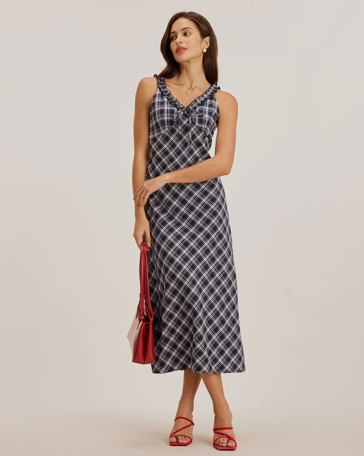 Blue Plaid V Neck Slip Maxi Dress - Threadford