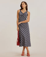 Blue Plaid V Neck Slip Maxi Dress - Threadford