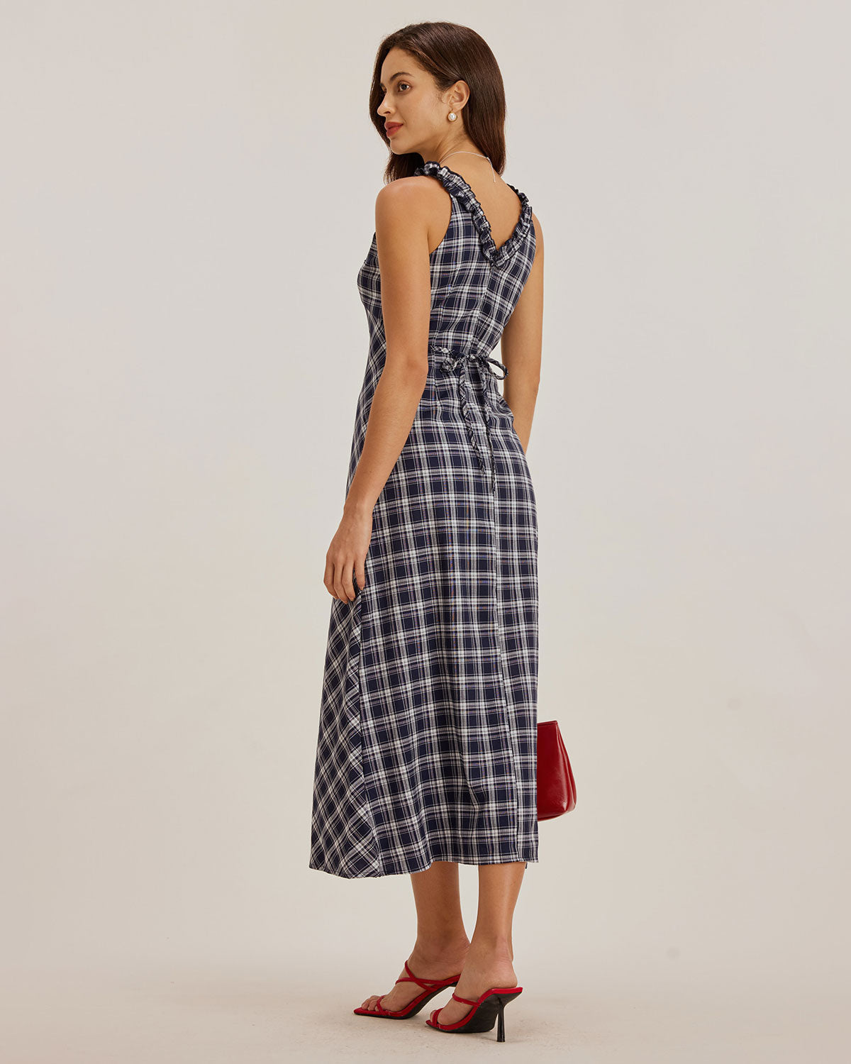 Blue Plaid V Neck Slip Maxi Dress - Threadford
