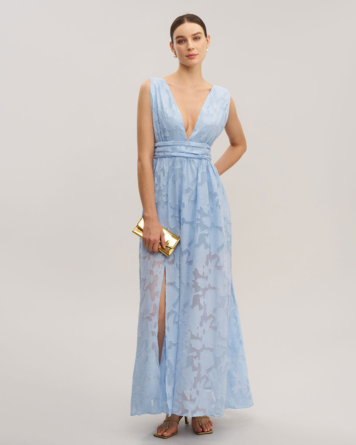 Blue Jacquard Slit Sleeveless Maxi Dress - Threadford