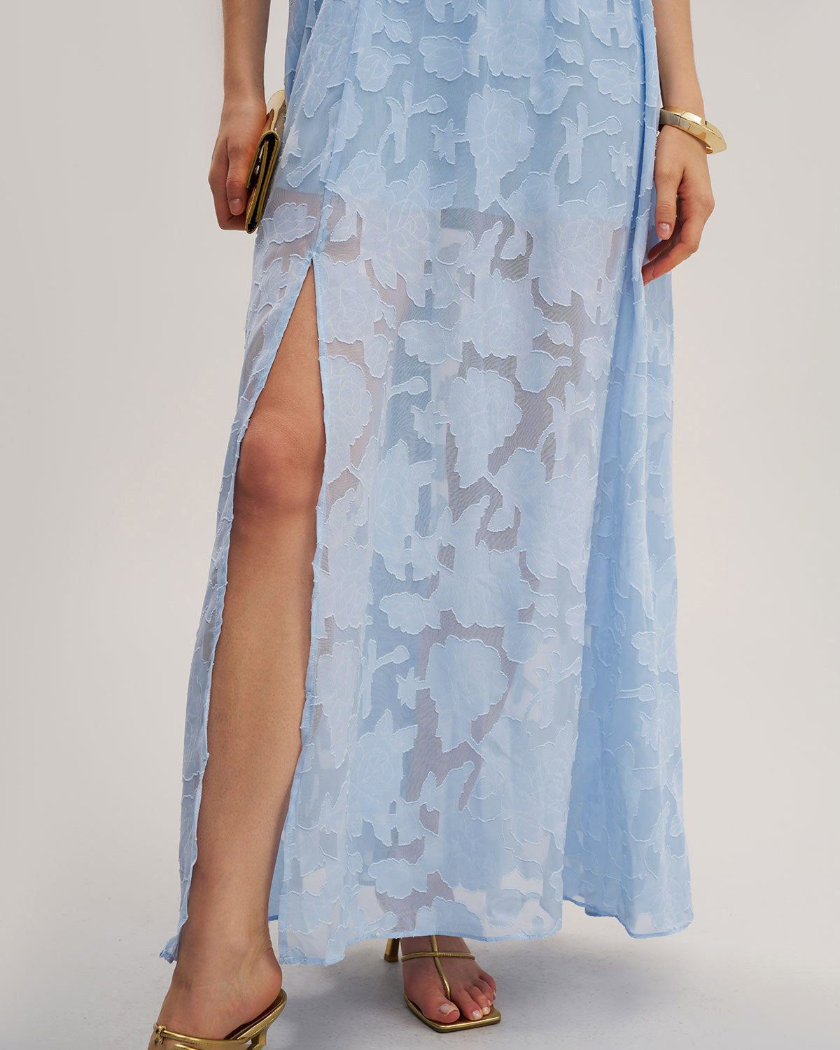 Blue Jacquard Slit Sleeveless Maxi Dress - Threadford