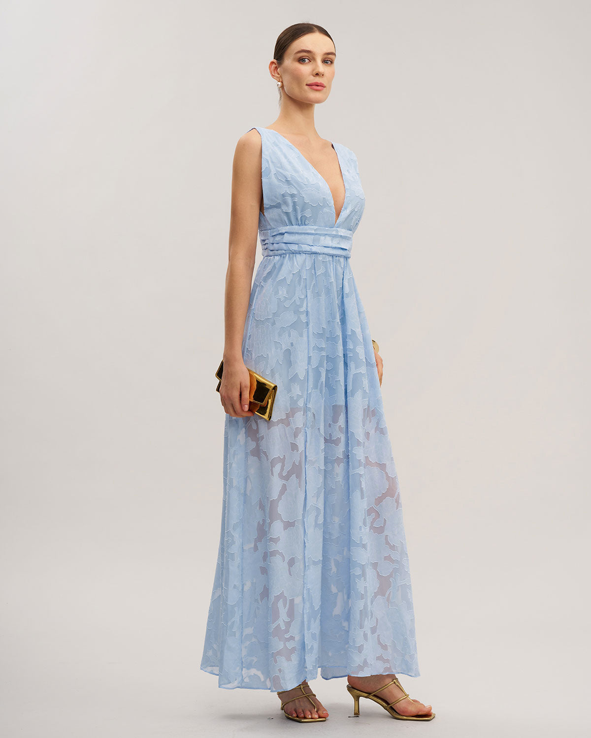 Blue Jacquard Slit Sleeveless Maxi Dress - Threadford