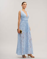 Blue Jacquard Slit Sleeveless Maxi Dress - Threadford
