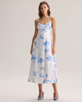 Blue Floral Shirred A-Line Slip Maxi Dress - Threadford