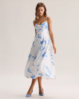 Blue Floral Shirred A-Line Slip Maxi Dress - Threadford