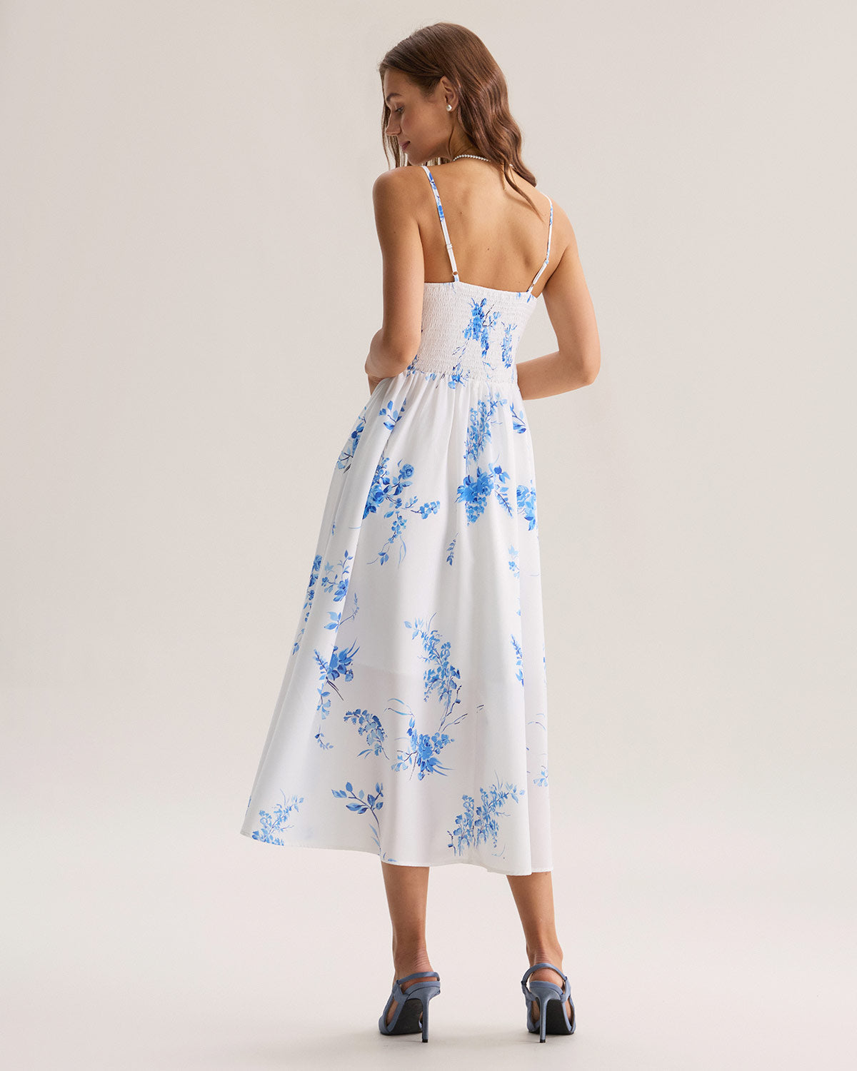Blue Floral Shirred A-Line Slip Maxi Dress - Threadford