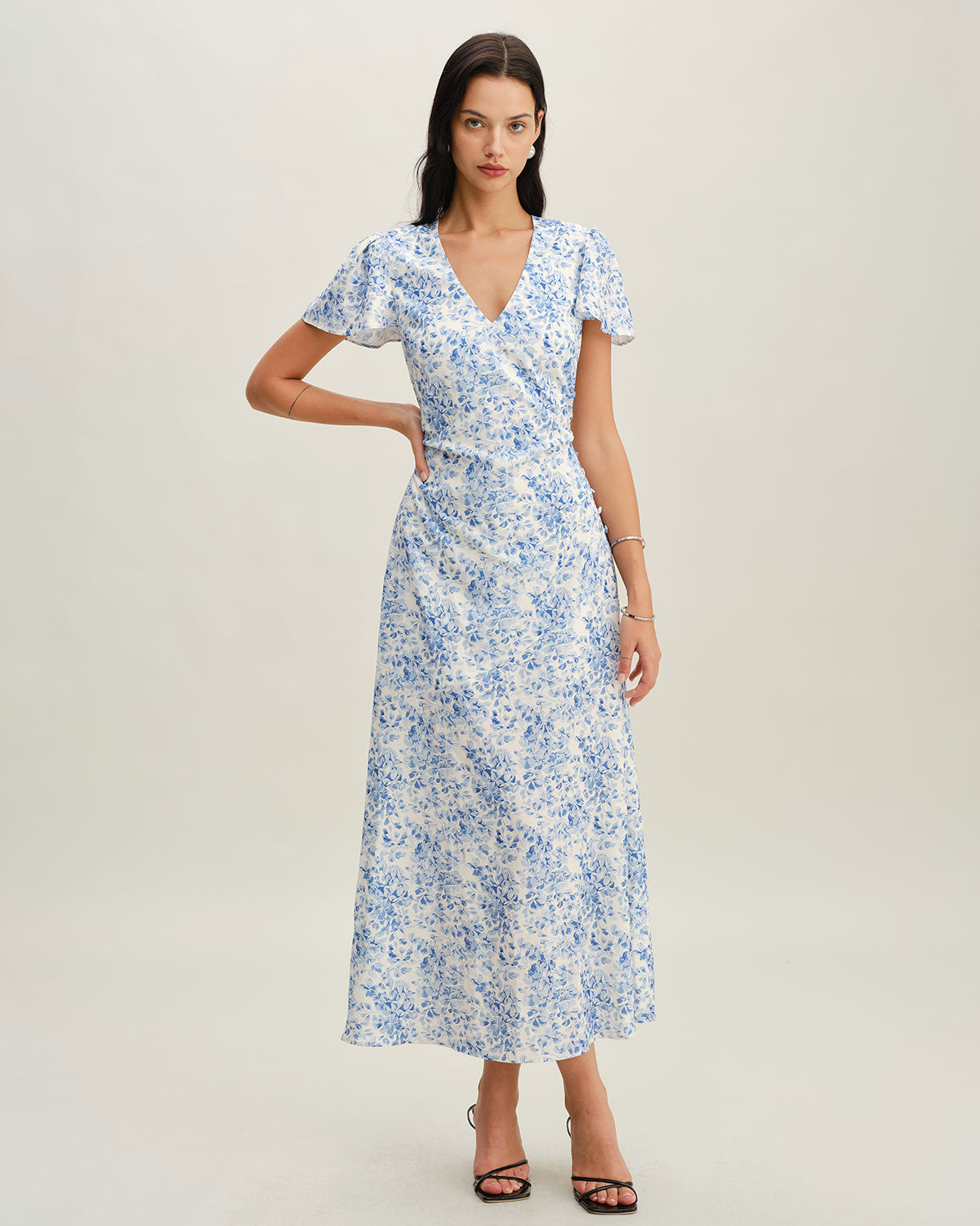 Blue Floral V Neck Button Maxi Dress - Threadford