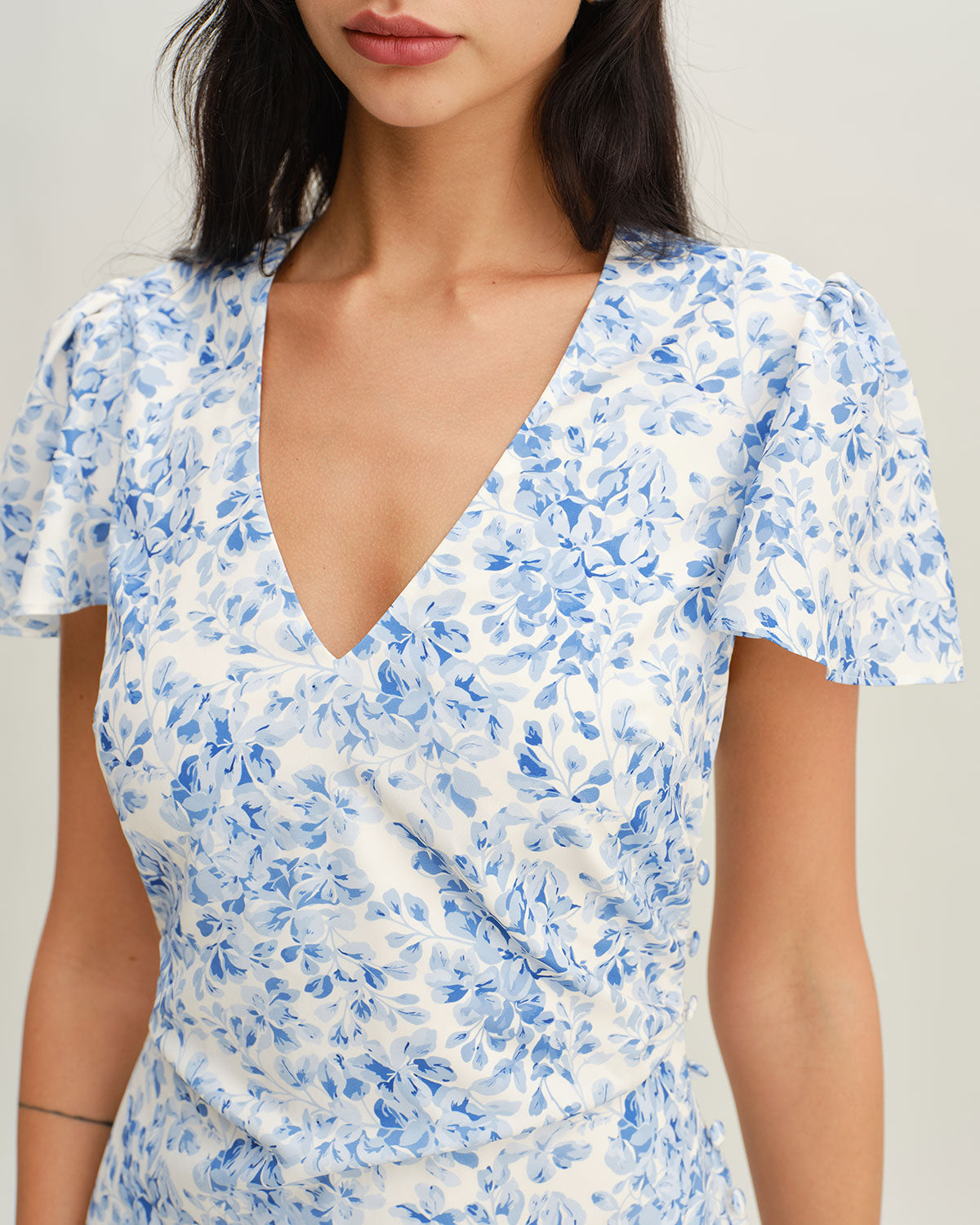 Blue Floral V Neck Button Maxi Dress - Threadford