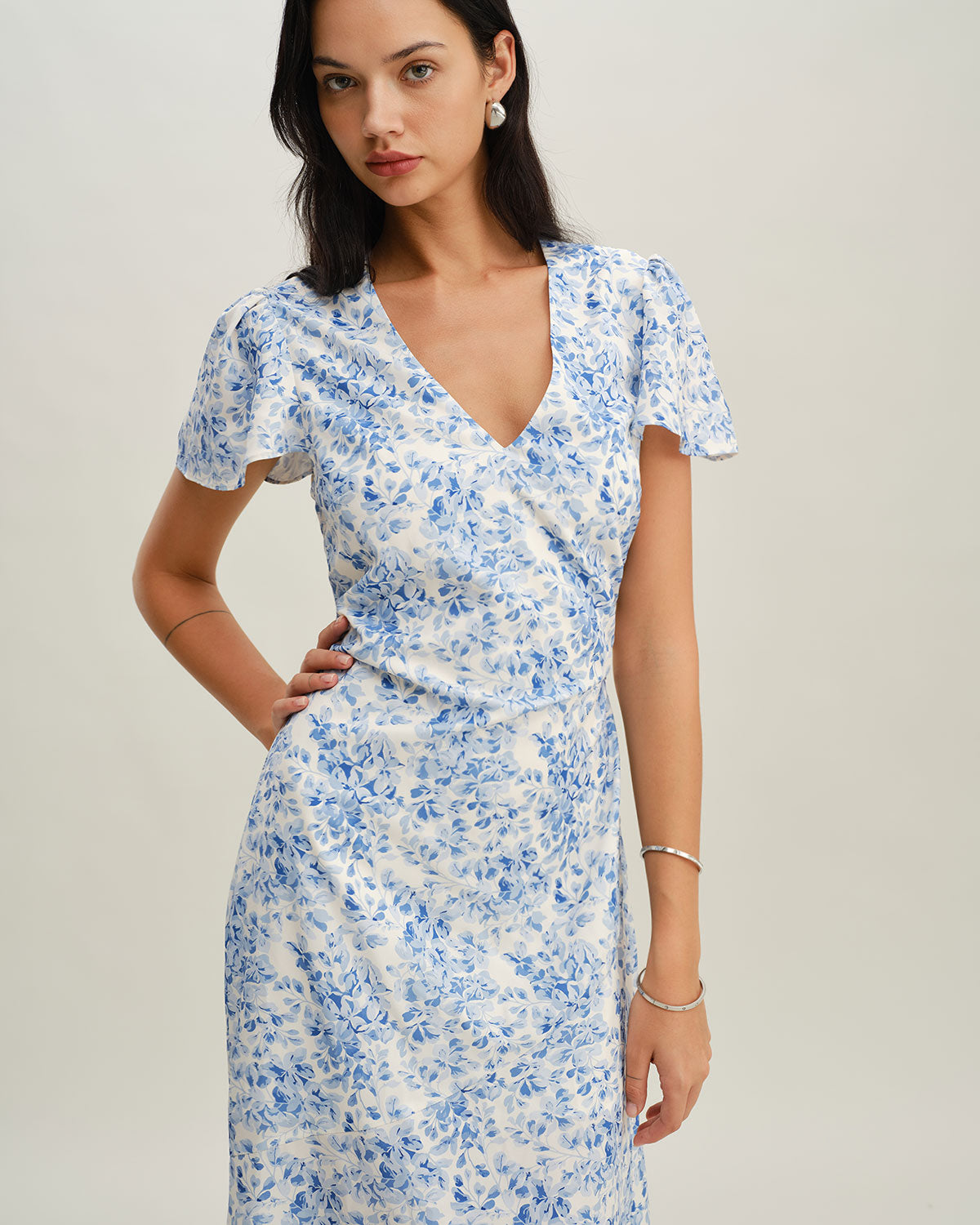 Blue Floral V Neck Button Maxi Dress - Threadford