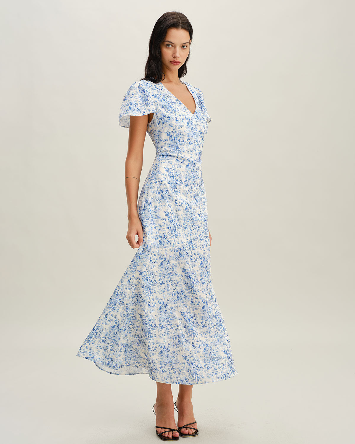 Blue Floral V Neck Button Maxi Dress - Threadford