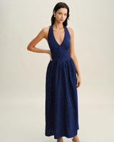 Blue Polka Dot Halter Maxi Dress - Threadford