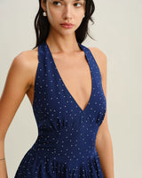 Blue Polka Dot Halter Maxi Dress - Threadford