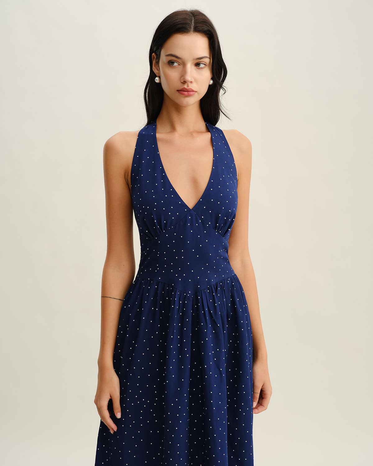 Blue Polka Dot Halter Maxi Dress - Threadford
