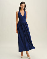 Blue Polka Dot Halter Maxi Dress - Threadford