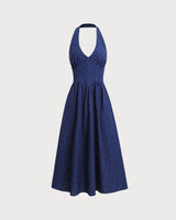 Blue Polka Dot Halter Maxi Dress - Threadford