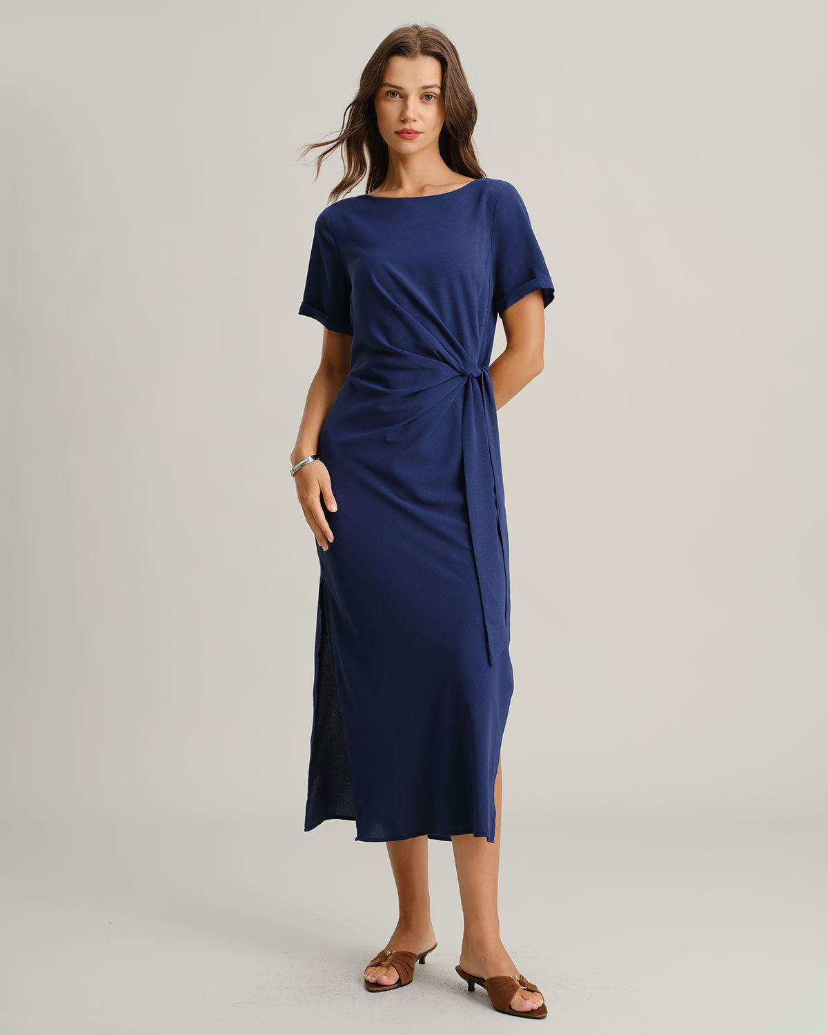 Blue Round Neck Short Sleeve Maxi Dress - Threadford