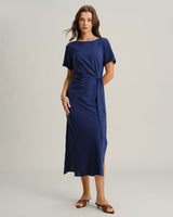 Blue Round Neck Short Sleeve Maxi Dress - Threadford