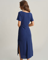 Blue Round Neck Short Sleeve Maxi Dress - Threadford