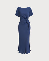 Blue Round Neck Short Sleeve Maxi Dress - Threadford