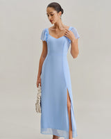 Blue Sweetheart Neck Chiffon Maxi Dress - Threadford