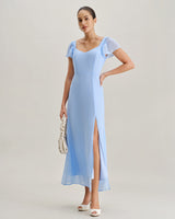 Blue Sweetheart Neck Chiffon Maxi Dress - Threadford