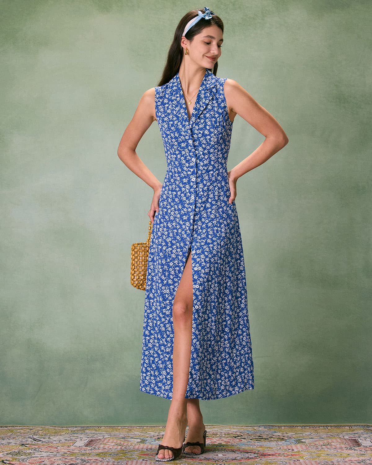 The Blue Collared Button-up Floral Maxi Dress - Threadford