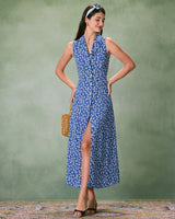 The Blue Collared Button-up Floral Maxi Dress - Threadford