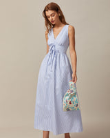 The Blue V Neck Shirred Striped Maxi Dress - Threadford