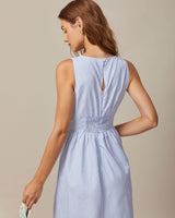 The Blue V Neck Shirred Striped Maxi Dress - Threadford