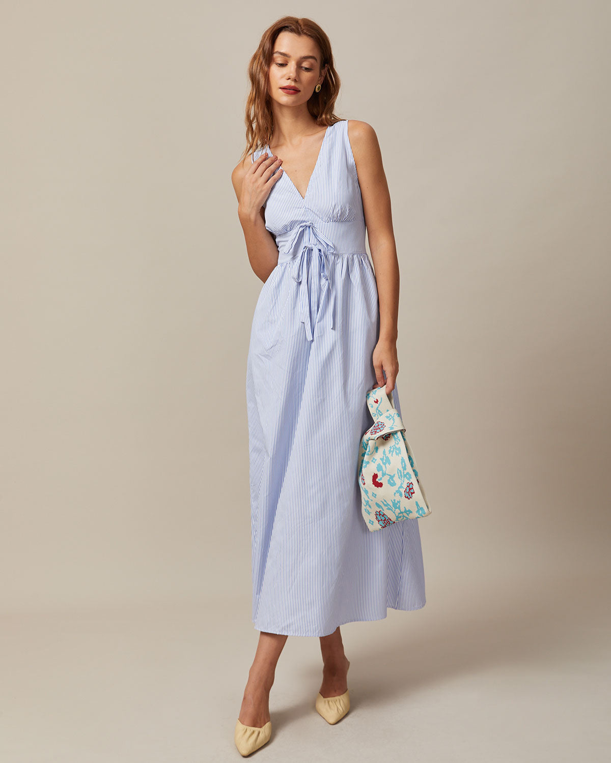 The Blue V Neck Shirred Striped Maxi Dress - Threadford