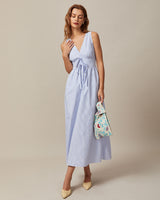 The Blue V Neck Shirred Striped Maxi Dress - Threadford