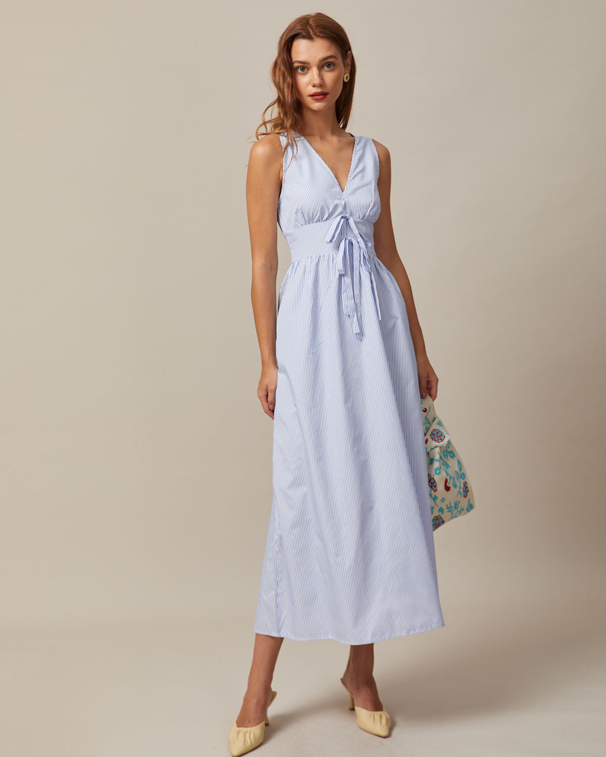 The Blue V Neck Shirred Striped Maxi Dress - Threadford
