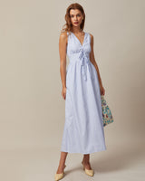 The Blue V Neck Shirred Striped Maxi Dress - Threadford