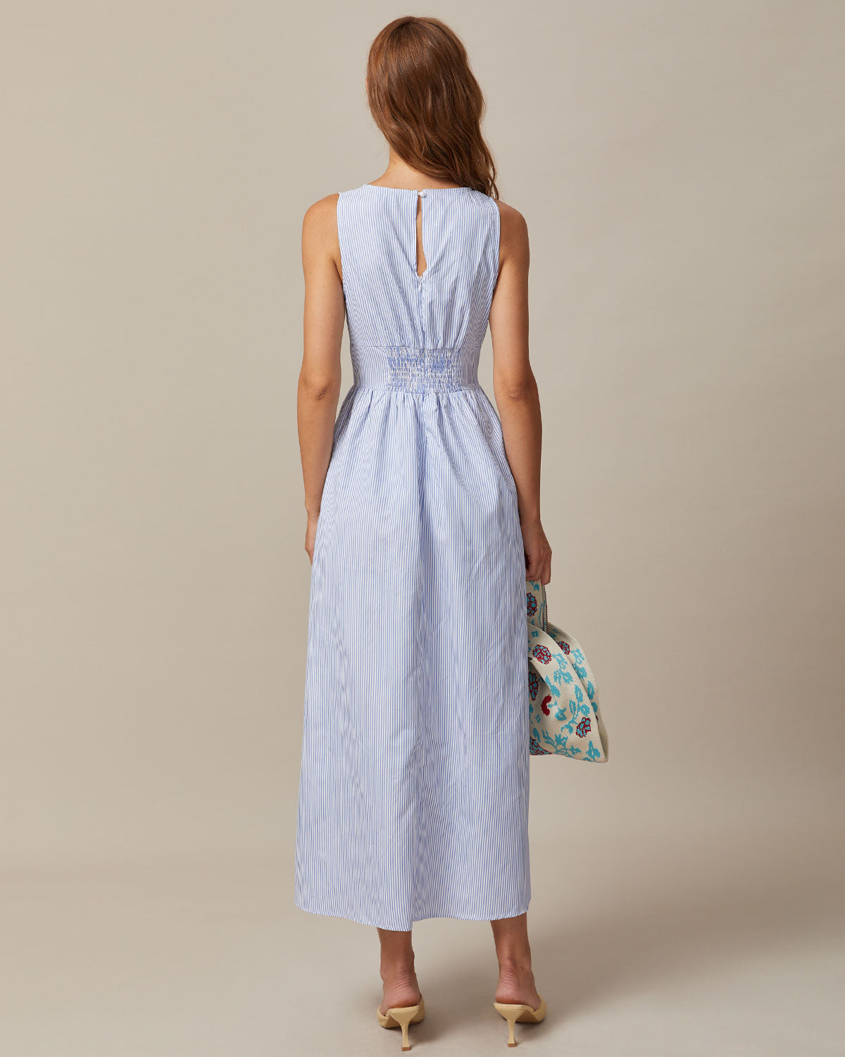 The Blue V Neck Shirred Striped Maxi Dress - Threadford