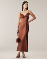 Brown Chiffon V Neck Slip Maxi Dress - Threadford