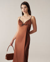 Brown Chiffon V Neck Slip Maxi Dress - Threadford